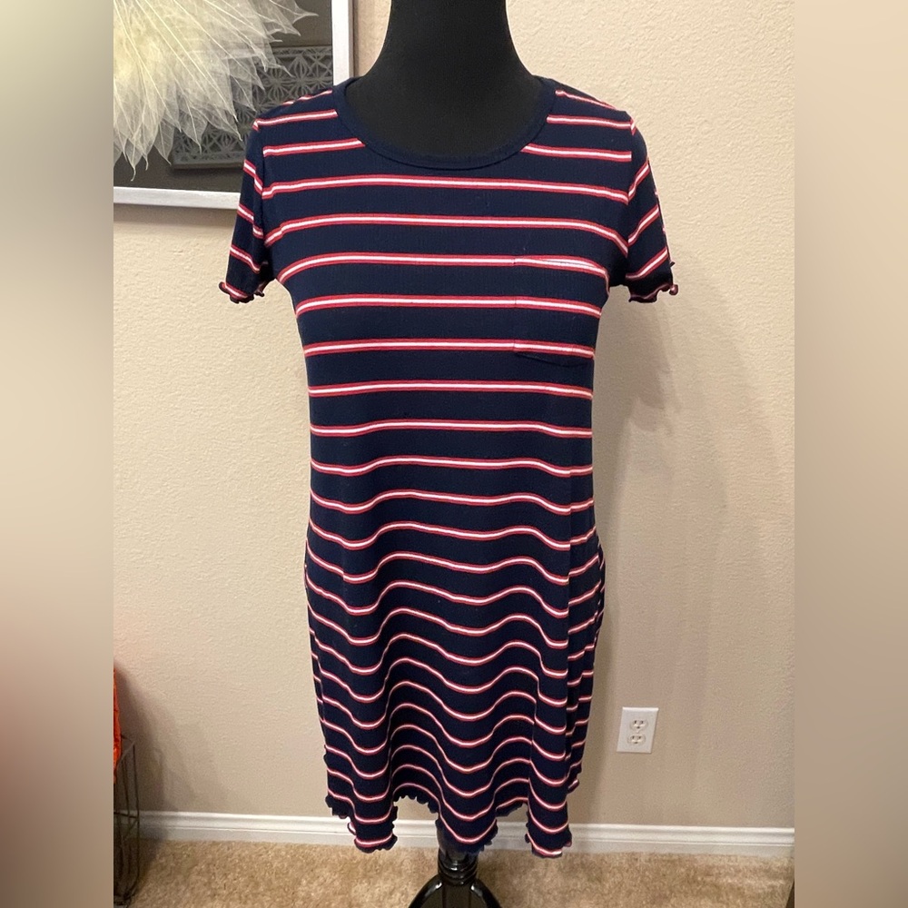 Mossimo red white blue stripes ribbed knit dress size XL, A line ruffle trim y2k